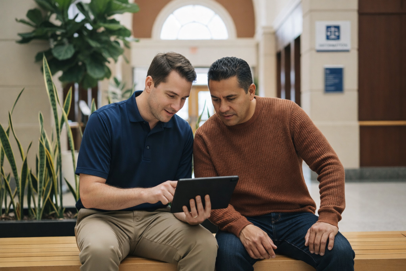 4. caseworker-and-client-reviewing-tablet-courthouse-lobby