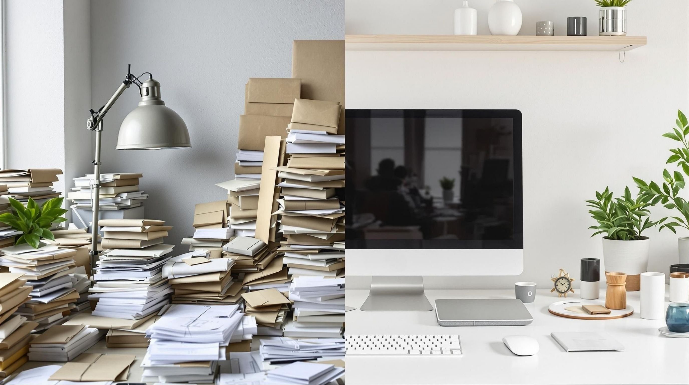 An image of a table full of papers and another image of an organized table with a computer and another stuff.